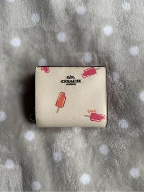 Coach Cream Pebbled Leather Wallet with Pink and Coral Popsicle Print